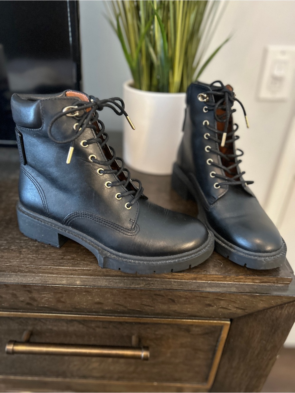 Coach Black Leather Lace-Up Boots with Gold-Tone Accents